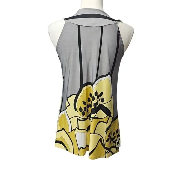 Vibe Floral Rose Mesh Detail Top Retro Sleeveless Gray And Yellow Tank Top - Picture 5 of 6